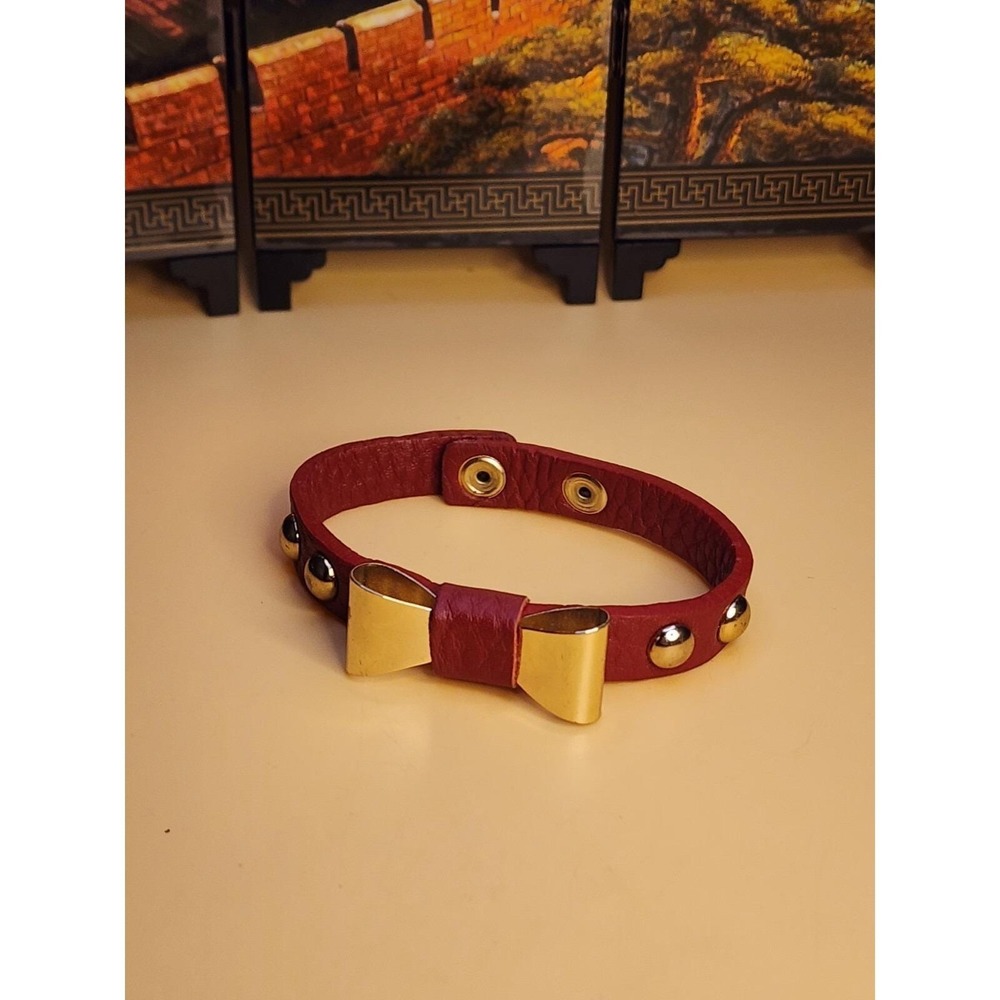 KING STAR Signed‎ Red Leather Bracelet Gold Bow & Studs Snap Closure FREE $HIP!!